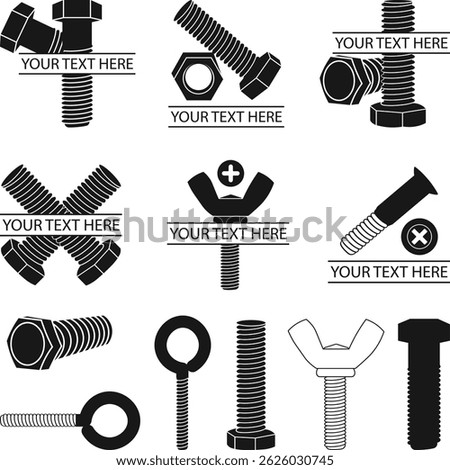 Bolt Screw Logo Silhouette, Bolt and nut Silhouette, Bolt Screw icons, Bolts and nuts vector illustration.