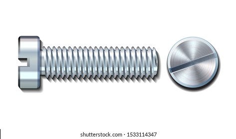 Bolt Screw Metal Pin With Head Slot And Side View With Threaded Vector Icons. Vector Realistic Pictures Isolated On White Background.