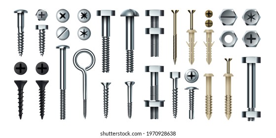Bolt and screw. Realistic metal fasteners with nuts. 3D hardware assortment. Top and side view of different steel nail types. Tools for building and repairs. Vector self-tapping set