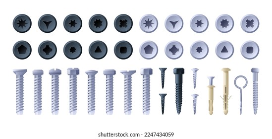 Tornillo y conjunto de tornillos. Herramientas de reparación de hardware uñas, stud y rivet, equipo de ingeniería técnica estilo de dibujos animados planos. Colección aislada de vectores de tornillos de hardware y tornillo, tuerca para la ilustración de reparación