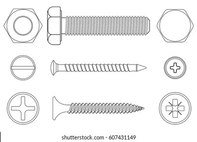 Bolt, screws and nut. White outline icons. Vector illustration isolated on white background