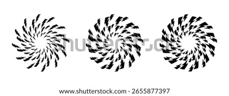 Bolt swirled silhouettes. Black thunderbolt signs in circular tornado arrangement isolated on white background. Flash, energy, danger or shock cartoon symbols. Vector graphic illustration.
