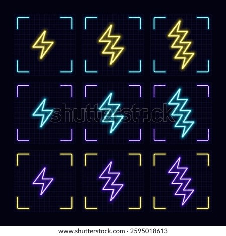 Bolt symbol illustration set, cyber neon visual, glowing border grid vector.