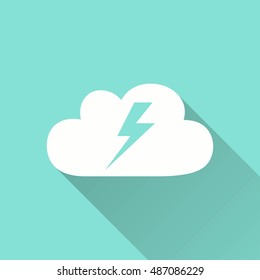 Bolt vector icon with long shadow. White illustration isolated on green background for graphic and web design.