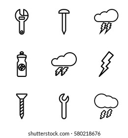 bolt vector icons. Set of 9 bolt outline icons such as thunder, flash, nail, screw, wrench, energy drink