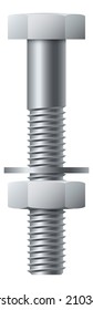 Bolt with washer and nut. Silver metal hex fastener