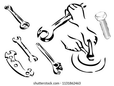Bolt and wrenches isolated on white background