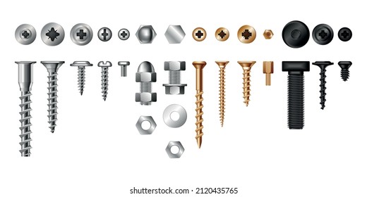 Bolts and different tools assortment realistic set isolated vector illustration