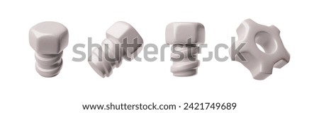 Bolts and hex nut, gear 3d vector illustrations set. Metal repair tools, construction render icon isolated on white. Realistic white cogwheel and screw-bolt, rotation mechanism, hardware