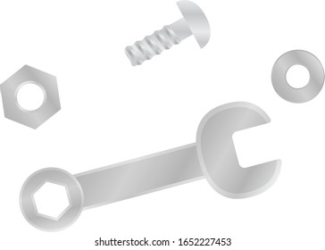 Tornillos y tuercas y la llave de combinación aislada de la ilustración vectorial.
