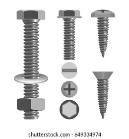 Bolzen und Muttern mit verschiedenen Schraubenköpfen, realistische Vektorgrafik