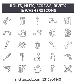 Bolts, nuts, screw, rivets & washers line icons for web and mobile design. Editable stroke signs. Bolts, nuts, screw, rivets & washers  outline concept illustrations