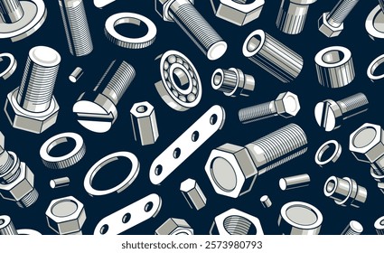 Bolts and nuts seamless background, repair and maintenance workshop tiling wallpaper, mechanic technics service endless pattern, elements easy to use separately.