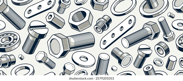 Bolts and nuts seamless background, repair and maintenance workshop tiling wallpaper, mechanic technics service endless pattern, elements easy to use separately.