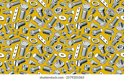 Bolts and nuts seamless background, repair and maintenance workshop tiling wallpaper, mechanic technics service endless pattern, elements easy to use separately.