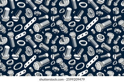 Bolts and nuts seamless background, repair and maintenance workshop tiling wallpaper, mechanic technics service endless pattern, elements easy to use separately.