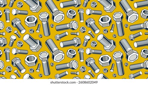 Bolts and nuts seamless background, repair and maintenance workshop tiling wallpaper, mechanic technics service endless pattern, elements easy to use separately.