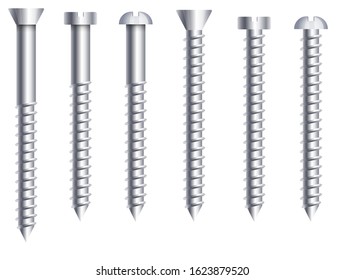 Bolts and nuts, side view, with socket cap or round head. Metal screws, nails, shiny hardware parts set in stainless steel, close up. Realistic graphic vector illustration on white background.