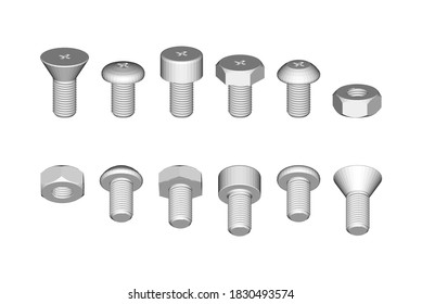 Bolts and nuts with various variants of realistic styling and front, top and perspective views. Used as an element of product design decoration