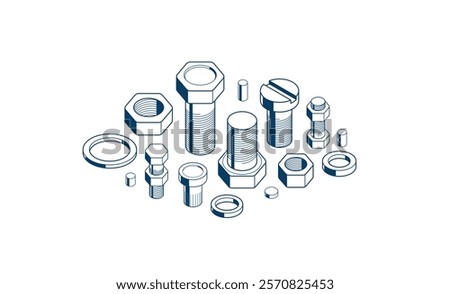 Bolts and nuts vector 3D isometric set, repair and maintenance service concept.