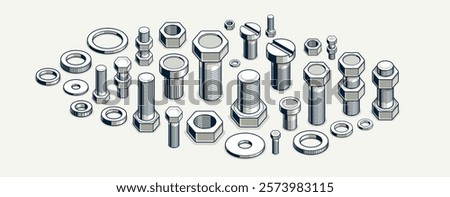 Bolts and nuts vector 3D isometric set, repair and maintenance service concept.