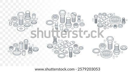 Bolts and nuts vector 3D isometric set, repair and maintenance service concept.