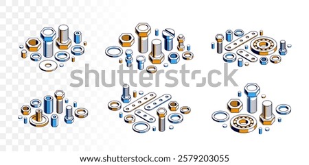 Bolts and nuts vector 3D isometric set, repair and maintenance service concept.