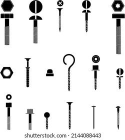 Tornillos y tornillos elementos conjunto de colección de vectores en blanco y negro