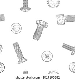 Bolts and screws. Hand drawn sketch as seamless pattern. Vector illustration