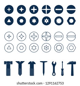 Bolts and screws heads set. Bolt and screw, nut top view, tools vector illustration.