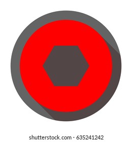 Bolts, screws with hexagonal head icon. Vector. Red icon with reddish shadow on dark gray circle at white background. Isolated.
