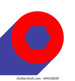Bolts, screws with hexagonal head icon. Vector. Red flat style icon with dark blue long shadow on white background.