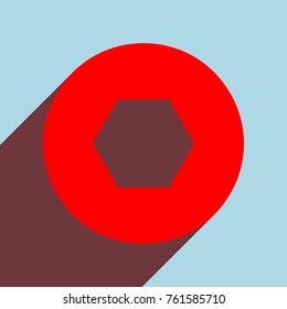 Bolts, screws with hexagonal head icon. Vector. Red flat icon with infinte wine shadow to left down corner at sky background.