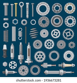 Bolts, screws and nuts icons, construction nails, rivets and hardware tools, vector. Metal mechanic parts and fastener equipment, drill heads and mechanic steel pulleys, work and repair gears and cogs