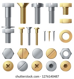 Bolts and screws. Washer nut hardware rivet screw and bolt. Chrome fasteners isolated vector illustrations set