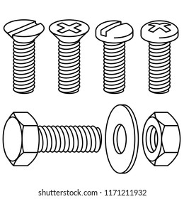 Bolts and screws. Washer and nut on white background. Vector illustration.