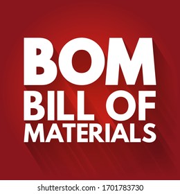 BOM Bill Of Materials - extensive list of raw materials, components, and instructions required to construct, manufacture, or repair a product, acronym text concept background