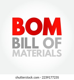 BOM Bill Of Materials - extensive list of raw materials, components, and instructions required to construct, manufacture, or repair a product, acronym text concept background