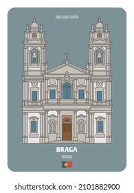 Bom Jesus church in Braga, Portugal. Architectural symbols of European cities. Colorful vector 