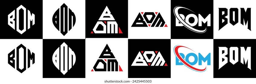 BOM letter logo design in six style. BOM polygon, circle, triangle, hexagon, flat and simple style with black and white color variation letter logo set in one artboard. BOM minimalist and classic logo