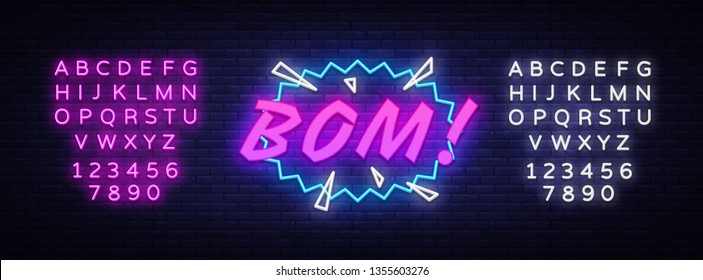 BOM neon text vector design template. Comic speech bubble BOM in neon style, light banner design element colorful modern design trend. Vector illustration. Editing text neon sign