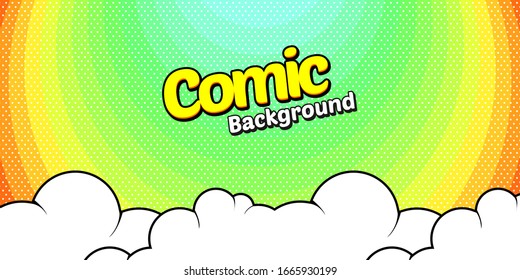 Bom pop art cloud bubble. Funny speech bubble. Trendy Colorful retro vintage background in pop art retro comic style. Illustration easy editable 