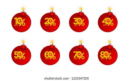 bom Sale and discount tags. Price off label icon. 10, 20, 30, 40, 50, 60, 70, 80, percent sale. Vector tags