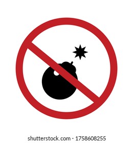 Bomb ban outline vector icon. Prohibition sign. Restriction symbol. Detonation blast. Attention concept. Warning element. Explosion. Dynamite. No incendiary device. Flat simple line illustration.
