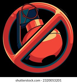 Bomb ban outline vector icon. No war. Prohibition sign on black background