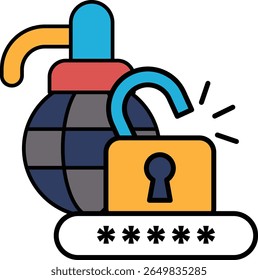 A bomb is being held open by a key. The bomb is surrounded by a lock and a key