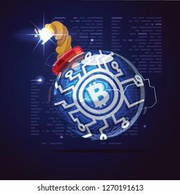 Bomb of bitcoin. Bitcoin currency crisis  - vector illustration