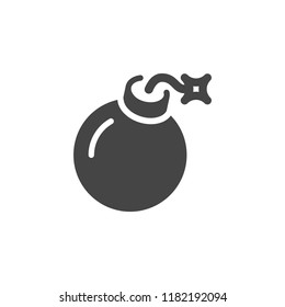 Bomb black flat icon. Explosive dynamite, symbol of danger, war, risk. Web glyph label. Graphic element. Vector illustration isolated on white background
