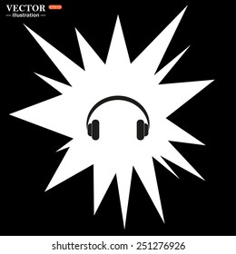 Bomb, blast. Explosion, cotton. Flash, an explosion on a black background. Headphones. Musical accessory,   vector illustration, EPS 10