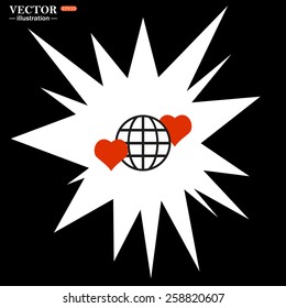 Bomb, blast. White flash, explosion, lightning, cotton, thunder. On a black background.  Icon planet and two red hearts. Symbol of love between the nation. Globe.  vector illustration, EPS 10 